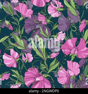 pink  flowers  sweet pea  on a green background,  floral seamless pattern. Pattern for fabric, wrapping paper, package design, web pages, invitations, Stock Vector