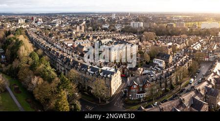 An aerial view of the North Yorkshire Spa Town of Harrogate with the Victorian architecture of prime real estate in the town centre Stock Photo