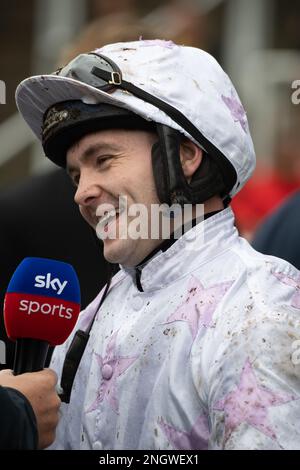 Ascot, Berkshire, UK. 18th February, 2023. Jockey Jonjo O'Neill Jr winner of the Ascot Racecourse Supports Schools Poetry Competition Novices' Hurdle Race (Class 2) at the Betfair Ascot Chase Raceday on Horse Springwell Bay. Owner Gay Smith. Trainer Jonjo P'Neill, Cheltenham. Breeder J R Weston. Sponsor Ashford Stud, Wasdell Group. Credit: Maureen McLean/Alamy Live News Stock Photo