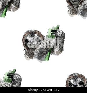 Seamless pattern of hand drawn sketch style Sloths isolated on the white background. Vector illustration. Stock Vector