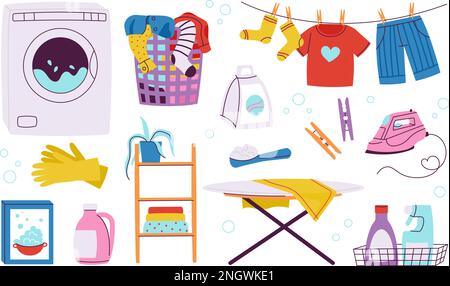 Home laundry elements, iron and wash machine. Clothes on rope, ironing desk and spray bottles. Basket for dirty or clean fabric, decent appliances Stock Vector