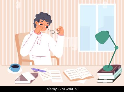 Tired student study, reading books and writing exercises. Teenager want to sleep, rubs eyes due to long studying. Young teacher or freelancer, vector Stock Vector