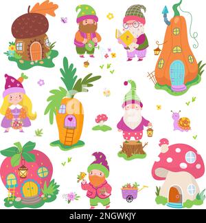 Funny gnomes and fairy houses. Forest dwarves, vegetable home in pumpkin and carrot. Mushroom gnome house, magic tale nowaday vector characters Stock Vector
