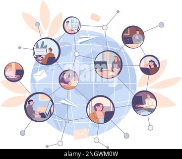 Worldwide social network, communication business people or international corporate collaboration. Remote interaction office kicky vector characters Stock Vector