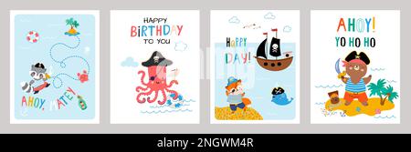 Birthday cards pirates, invitation marine pirate. Boy kids decorative summer covers, sea banners templates. Cute printable card nowaday vector design Stock Vector