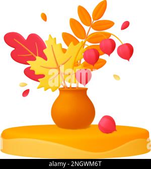 Autumn bouquet in vase, 3d leaves in pot on podium. Fall creative realistic plasticine design artwork. Isolated decor, 3d nature seasonal vector scene Stock Vector