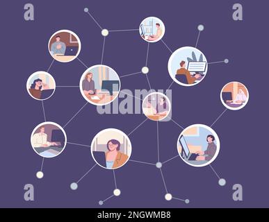 Communication network. People working collaboration, international or worldwide job community. IT developers, programmers and designers, digital Stock Vector