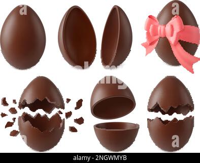Realistic chocolate eggs, broken candy egg. Easter surprise, kinder sweet holiday gift. Half crack 3d elements, pithy vector cocoa objects set Stock Vector