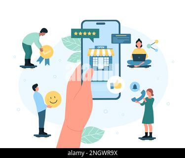 Customer feedback vector illustration. Cartoon hand holding phone with shop building on screen, tiny people giving likes, five stars and thumbs up emoji to evaluate quality of product or service Stock Vector