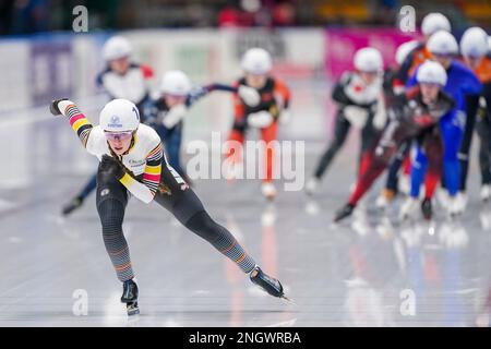 TOMASZOW MAZOWIECKI, POLAND - FEBRUARY 19: Maddison Pearman of Canada  competing on the 1000m Women Division A during the ISU Speed Skating World  Cup Finals on February 19, 2023 in Tomaszow Mazowiecki,