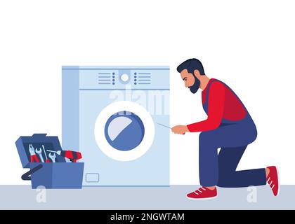 Master with set of professional tools repairs a washing machine. Washing machines repair service. Man character in uniform and washing machine with a Stock Vector