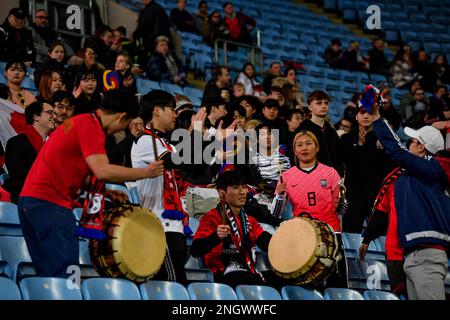 CBS Arena, Coventry, UK. 19th Feb, 2023. Arnold Clark Cup Football, Belgium versus Korea Republic; Korea Republic fans bang their drums in support before the game Credit: Action Plus Sports/Alamy Live News Stock Photo