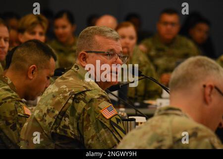 Maj. Gen. Mark T. Simerly, commanding general of U.S. Army Combined Arms Support Command and Fort Lee, speaks during the Holiday Block Leave Rehearsal of Concept drill Tuesday, Nov. 29, 2022, at Army Logistics University on Fort Lee, Virginia. Stock Photo