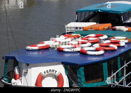 BRISTOL, UK - MAY 14 : Lifebuoys on the roof of the ferry on the River Avon in Bristol on May 14, 2019 Stock Photo