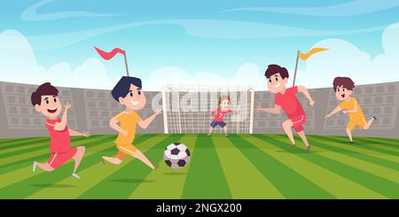 Football team. Kids playing with ball on stadium field exact vector cartoon background Stock Vector