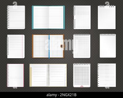 Notebook sheets. Empty daily notes realistic bind papers recent vector templates Stock Vector