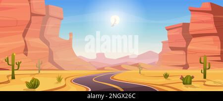 Desert landscape. Outdoor background arizona style with rocks and cactuses exact vector template Stock Vector