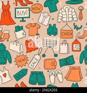 Shopping pattern. Seamless background with market symbols gadgets market packages recent vector templates in doodle style Stock Vector