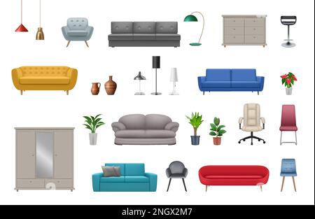 Realistic furniture. Sofas chairs wooden modern wardrobe beds decent vector templates set Stock Vector