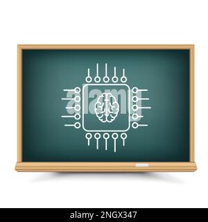 Blackboard chalk draw computer chip and brain Stock Vector