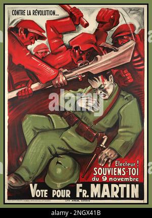 Geneva 9th November 1932 ,propaganda poster, VOTE FOR FR MARTIN remember the army fired on the crowd during an anti-fascist demonstration in Plainpalais, killing 13 and injuring 65  Artist FONTANET (Noël) 1933  'Contre la Révolution, Electeur ! souviens-toi du 9 novembre, Vote pour Fr. Martin' Stock Photo