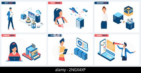 System solutions for market analysis, data safety technology, technical process control and monitoring set vector illustration. Cartoon tiny people work with software and performance management Stock Vector