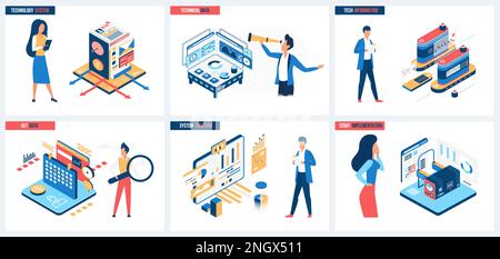 Start of implementation of system solutions, technical data and information set vector illustration. Cartoon tiny people research data with magnifying glass and telescope, performance optimization Stock Vector