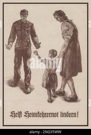 WW2 Nazi Germany 'Help Alleviate Homecoming Distress' 1940s information propaganda card poster with mother and child greeting a Nazi Wehrmacht German soldier returning from fighting in World War II coming home. Stock Photo