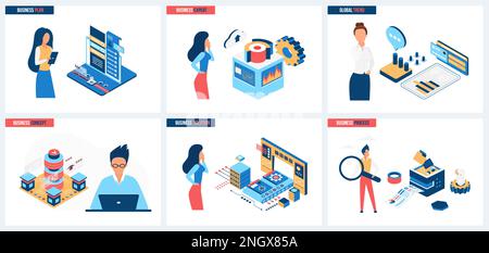 Business plan and global trends, expert business decision making set vector illustration. Cartoon tiny people analyze financial data for planning solutions, work with virtual systems and algorithms Stock Vector