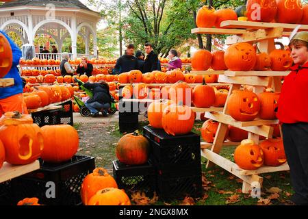 Pumpkins fill a small town square during a Halloween celebration in Keene, New Hampshire Stock Photo
