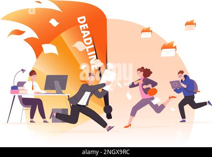 Rushing work. Deadline time ticking, hurried accountant worker running to paperwork, urgent hard working on pc, employee stress clock pressure hectic office day vector illustration of deadline time Stock Vector
