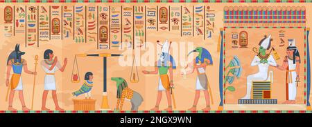 Egyptian mural. Egypt temple religious fresco, ethnic ancient murals antiquity art wall antique mythology hieroglyph ornament death borderwall ingenious vector illustration of egyptology civilization Stock Vector