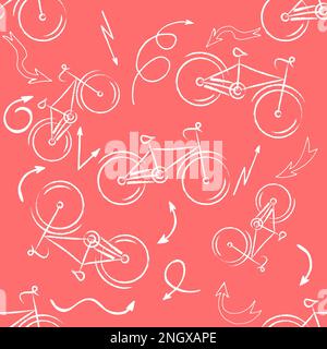 Seamless bicycles pattern. white icons on red background. Sport print. Vector illustration Stock Vector