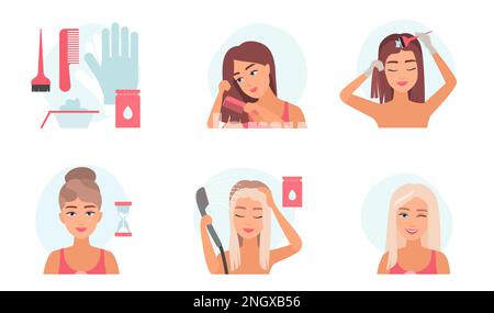 How to dye your hair at home vector illustration. Cartoon steps of hair coloring process for woman at home, brunette girls with gloves and brush, professional diy tools change hair color to blonde Stock Vector