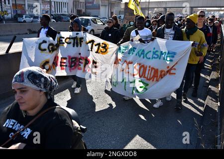 Marseille, France. 18th Feb, 2023. Protesters hold banners during the demonstration. Several hundreds of people demonstrated in Paris, Lyon and Marseille against the immigration bill and against the Administrative Detention Centers (CRA), demanding the regularization of undocumented migrants. Credit: SOPA Images Limited/Alamy Live News Stock Photo