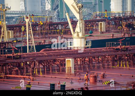 The crude oil tanker HOJO, in the seaport of Rotterdam, in the Petroleumhaven, Europoort, deck structures, pipelines, Rotterdam, Netherlands, Stock Photo