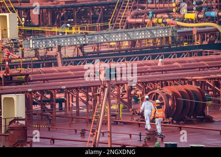 The crude oil tanker HOJO, in the seaport of Rotterdam, in the Petroleumhaven, Europoort, deck structures, pipelines, Rotterdam, Netherlands, Stock Photo