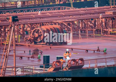 The crude oil tanker HOJO, in the seaport of Rotterdam, in the Petroleumhaven, Europoort, deck structures, pipelines, Rotterdam, Netherlands, Stock Photo