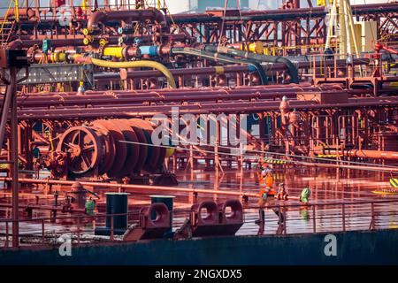 The crude oil tanker HOJO, in the seaport of Rotterdam, in the Petroleumhaven, Europoort, deck structures, pipelines, Rotterdam, Netherlands, Stock Photo