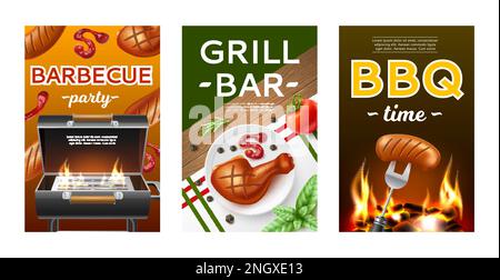 Bbq grill cards. Roast outdoor cooking posters, fried meat with ketchup, open flame and embers, barbeque picnic preparing, party invitation and Stock Vector