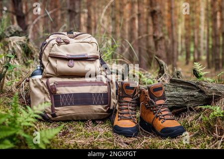Hiking equipment in forest. Backpack and leather ankle boots Stock Photo