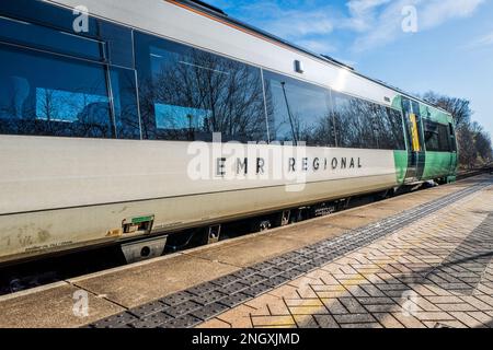 East Midlands railway regional type British Rail Class 170 Turbostar diesel multiple unit passenger train at Mansfield Woodhouse railway station. Stock Photo