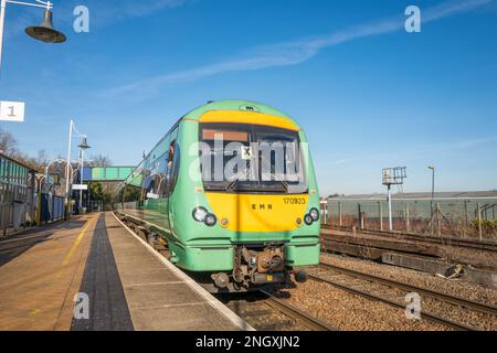 East Midlands railway regional type British Rail Class 170 Turbostar diesel multiple unit passenger train at Mansfield Woodhouse railway station. Stock Photo