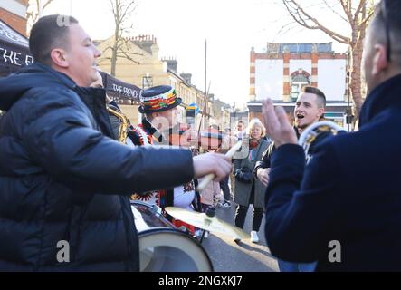 Chiswick monthly cheese market, this week with A Taste of Ukraine and Ukrainian music as the one year anniversary of the start of the Russian invasion approaches. Money was raised to support the ongoing crisis, supporting British-Ukrainan Aid and First Aid Ukraine, in west London, UK Stock Photo