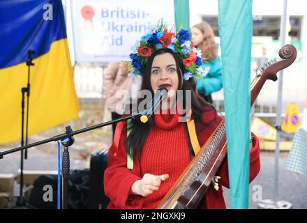 Chiswick monthly cheese market, this week with A Taste of Ukraine and Ukrainian music as the one year anniversary of the start of the Russian invasion approaches. Money was raised to support the ongoing crisis, supporting British-Ukrainan Aid and First Aid Ukraine, in west London, UK Stock Photo