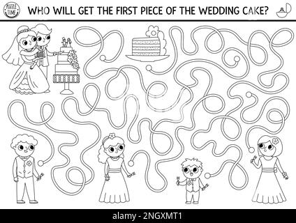 Wedding black and white maze for kids with bride and groom cutting the cake. Marriage ceremony preschool printable activity, coloring page. Matrimonia Stock Vector