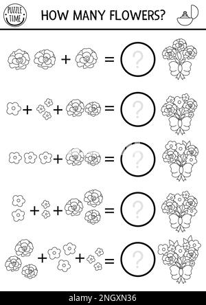 Addition with cute cartoon rose flower. Educational math game for kids ...