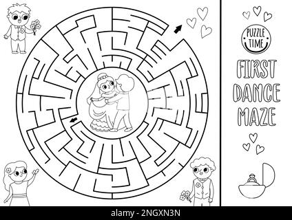 Wedding black and white maze for kids with dancing bride and groom. Marriage printable activity. Matrimonial labyrinth coloring page. Puzzle with just Stock Vector