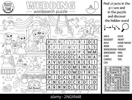 Vector black and white wedding wordsearch puzzle for kids. Word search quiz with marriage ceremony landscape coloring page. Educational activity or cr Stock Vector