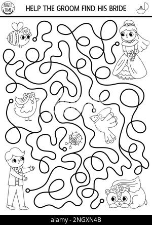 Wedding black and white maze for kids with just married couple, bride, groom, animals wearing veil. Marriage ceremony preschool printable activity, co Stock Vector